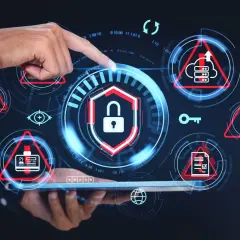 Dłoń wskazuje na ekran z ikonami symbolizującymi cyberbezpieczeństwo: kłódka, klucz, chmura, dokumenty, identyfikator.