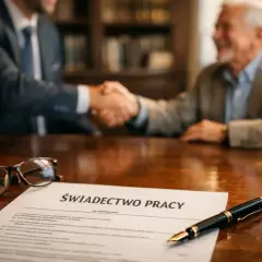 Uścisk dłoni po formalnościach. Na stole świadectwo pracy i okulary, symbol zakończenia kariery i odprawy emerytalnej.