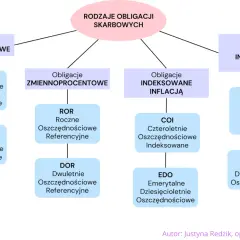 Schemat przedstawia rodzaje obligacji skarbowych: stałoprocentowe (OTS, TOS), zmiennoprocentowe (ROR, DOR), indeksowane inflacją (COI, EDO) oraz rodzinne obligacje indeksowane inflacją (ROS, ROD).