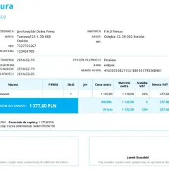 Faktura imienna z danymi sprzedawcy i nabywcy, szczegółami sprzedaży zabawek, kwotą do zapłaty 1 377,60 PLN.
