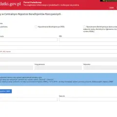 Formularz wyszukiwania beneficjenta rzeczywistego w CRBR. Można szukać po podmiocie, PESEL lub dacie urodzenia.