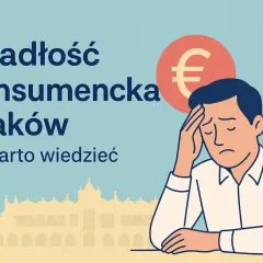 Zmartwiony mężczyzna z symbolem euro nad głową, na tle krakowskich zabytków. Upadłość konsumencka Kraków: co daje?