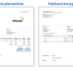 Faktura korygująca do zera, anulująca pierwotną fakturę na 1000 zł. Pokazuje zwrot towaru.