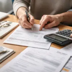 Osoba liczy dochód do dofinansowania z PFRON, korzystając z kalkulatora i dokumentów.