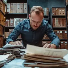 Mężczyzna przegląda sterty dokumentów w archiwum. Czy zbierać faktury z budowy domu? Tu znajdziesz odpowiedź.