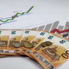 Euro banknoty i monety na tle wykresów wzrostu. Symbolizują inwestycje, zyski i potencjalną subwencję.