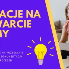 Kobieta analizuje dokumenty, szukając informacji, jak uzyskac dofinansowanie na otwarcie dzialalnosci. Żółta żarówka symbolizuje pomysł.