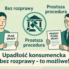 Upadłość konsumencka bez rozprawy to prostsza procedura. Dwóch mężczyzn prezentuje plany spłaty, symbolizując łatwiejsze rozwiązanie problemów finansowych.