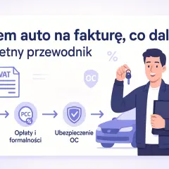 Kupiłem auto na fakturę, co dalej? Przewodnik: rejestracja, opłaty PCC, ubezpieczenie OC. Mężczyzna z kluczykami i dokumentami.