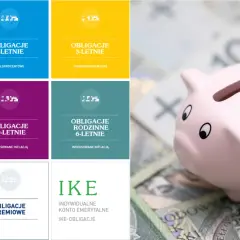 Różnokolorowe kafelki z nazwami obligacji i skarbonka na banknotach.