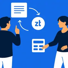 Ilustracja: mężczyzna i kobieta analizują dane finansowe z symbolem złotówki.