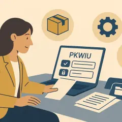 Kobieta przy laptopie z napisem PKWIU. Rozważa sprzedaż samochodu firmowego: faktura czy umowa? Ikony: paczka, koło zębate, teczka.