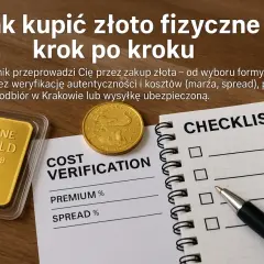 Złota sztabka i moneta na tle poradnika "Jak kupić złoto fizyczne". Dowiedz się, gdzie kupić złoto inwestycyjne, jak zweryfikować autentyczność i koszty.