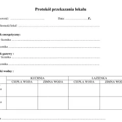 Protokół zdawczo odbiorczy lokalu zawiera pola na dane nieruchomości, liczniki (energetyczny, gazowy, wodne w kuchni i łazience) oraz klucze.