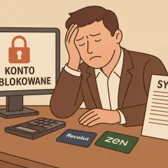 Zablokowane konto i dokument "SYNDYK" na biurku. Osoba po ogłoszeniu upadłości musi zmierzyć się z nowymi obowiązkami.
