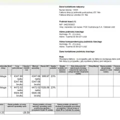 Faktura KOR z usługami dystrybucji energii elektrycznej, zawiera dane nabywcy, podmiotu trzeciego PGE Dystrybucja S.A. Oddział Łódź oraz podsumowanie stawek VAT. Jest to przykład refaktury.