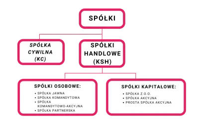 Schemat podziału spółek, w tym spółki kapitałowe: z o.o., akcyjna, prosta spółka akcyjna.