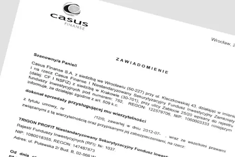 Zawiadomienie o sprzedaży wierzytelności. Potwierdza, czy komornik może sprzedać dług firmie windykacyjnej, w tym przypadku Trigon Profit.