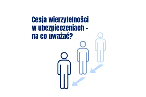 Cesja wierzytelności w ubezpieczeniach – na co uważać? Grafika przedstawia trzy sylwetki ludzi i strzałki wskazujące na proces cesji.