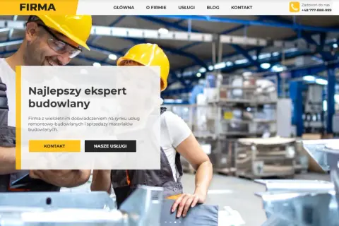 Budowlaniec w kasku uśmiecha się, planując jak założyć firmę budowlaną z dofinansowaniem. Oferujemy remonty i sprzedaż materiałów.