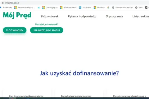 Strona "Mój Prąd" - tu złożysz wniosek o dofinansowanie do fotowoltaiki. Kliknij "Złóż wniosek" lub sprawdź status.