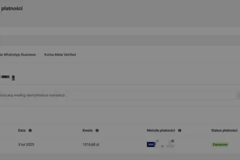Widok panelu Meta, gdzie można zobaczyć aktywność płatności i jak pobrać fakturę z Facebooka.