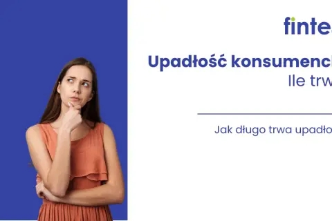 Zamyślona kobieta zastanawia się, ile sie czeka na upadłość konsumencką. Pytanie "Jak długo trwa upadłość?" widoczne na ekranie.