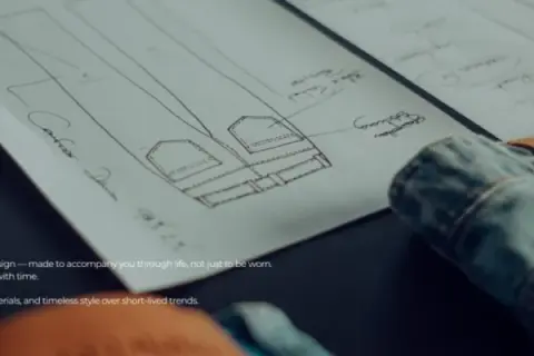 Szkice spodni dżinsowych i gotowy produkt z naszywką.