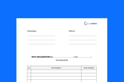 Formularz nota obciążeniowa z polami do wypełnienia dla wystawcy i odbiorcy, z miejscem na tytuł i kwotę obciążenia.