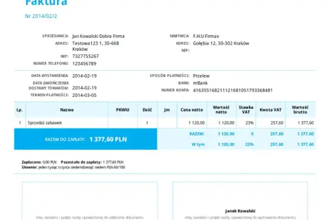 Faktura imienna z danymi sprzedawcy i nabywcy, szczegółami sprzedaży zabawek, kwotą do zapłaty 1 377,60 PLN.