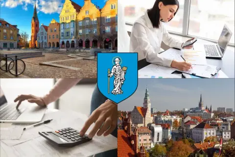 Kolaż: Rynek w Olsztynie, herb miasta, kobieta z kalkulatorem i laptopem, widok na miasto.