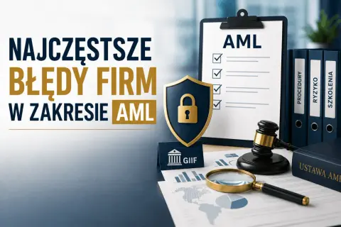 Najczęstsze błędy firm w zakresie AML. Tarcza z kłódką, dokumenty, lupa i młotek sędziowski symbolizują bezpieczeństwo i prawo.