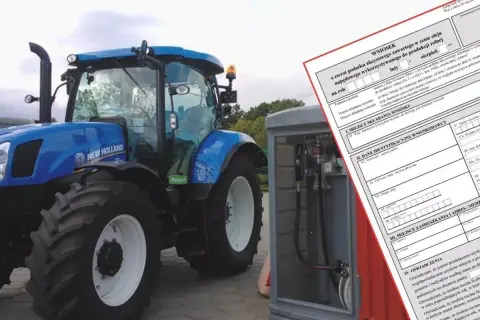 Niebieski traktor obok dystrybutora paliwa i formularza wniosku o zwrot podatku akcyzowego. Jakie dane do faktury na paliwo rolnicze są potrzebne?