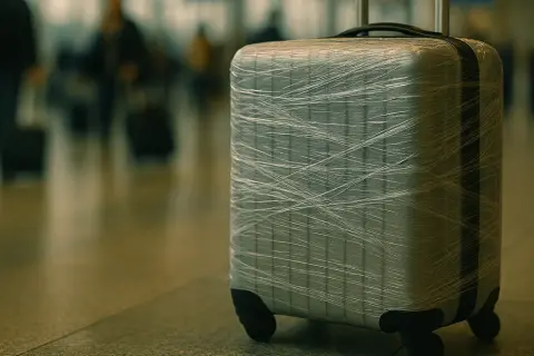 Bagaż owinięty folią czeka na podróż. Czy to walizka firmy Tumi?