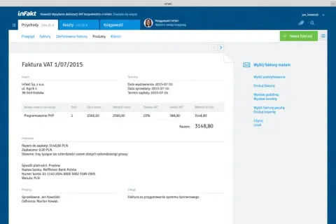 Faktura VAT z 2015 roku. Czy można zaksięgować fakturę z poprzedniego roku? System inFakt pokazuje szczegóły faktury.