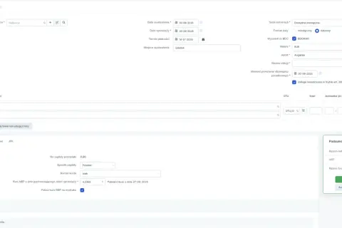 Formularz faktury VAT dla eksportu usług poza UE. Wpisano dane nabywcy, daty, walutę EUR i język angielski.