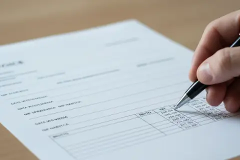 Dłoń z długopisem wypełniająca formularz faktury VAT.