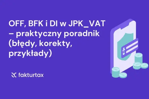 JPK_VAT: poradnik o oznaczeniu DI, błędach i korektach. Grafika z ikoną telefonu, tarczy i monet.