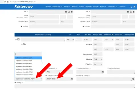 Wybieranie jaki termin płatności na fakturze, np. przelew w terminie 7 dni, w systemie Fakturowo.