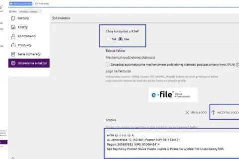 Ustawienia e-Faktur: wybór KSeF, edycja faktur, logo i stopka. Możliwość zarządzania rachunkami i ich wyglądem.