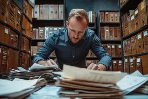 Mężczyzna przegląda sterty dokumentów w archiwum. Czy zbierać faktury z budowy domu? Tu znajdziesz odpowiedź.