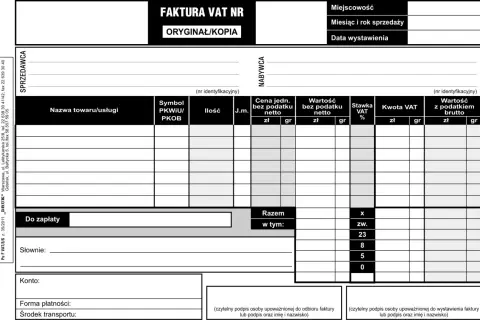 Faktura VAT z polami na dane sprzedawcy, nabywcy, nazwy towarów/usług, cen, stawek VAT i kwot. Czy faktura musi być podpisana? Tak, w dolnej części.