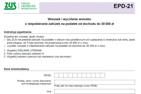 Wniosek EPD-21 o niepobieranie zaliczek na podatek od dochodu do 30 000 zł. Dokument ten jest kluczowy, jak udokumentować umowę zlecenie do emerytury, gdy dochody nie przekroczą tej kwoty.