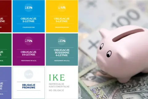 Różnokolorowe kafelki z nazwami obligacji i skarbonka na banknotach.