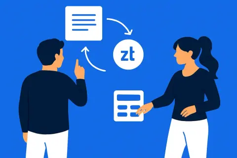 Ilustracja: mężczyzna i kobieta analizują dane finansowe z symbolem złotówki.