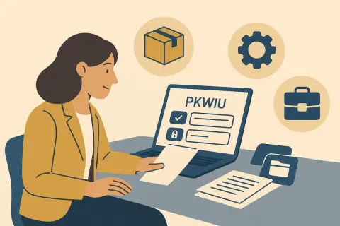 Kobieta przy laptopie z napisem PKWIU. Rozważa sprzedaż samochodu firmowego: faktura czy umowa? Ikony: paczka, koło zębate, teczka.