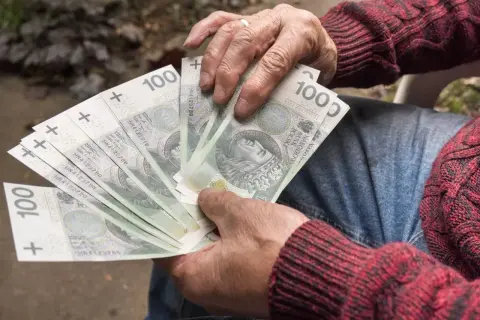 Dłonie trzymające banknoty 100 zł. Może to być wypłata renty inwalidzkiej.