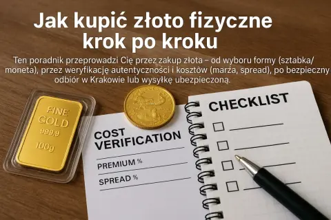 Złota sztabka i moneta na tle poradnika "Jak kupić złoto fizyczne". Dowiedz się, gdzie kupić złoto inwestycyjne, jak zweryfikować autentyczność i koszty.