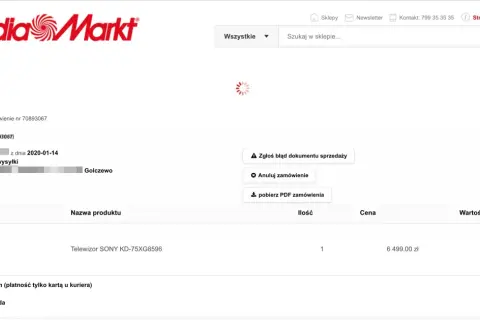 Szczegóły zamówienia w Media Markt, numer faktury 70893067. Widoczny telewizor SONY KD-75XG8596.