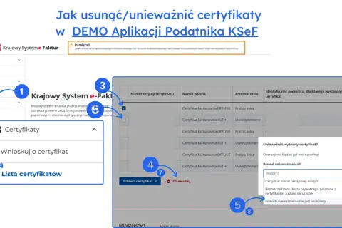 Unieważnianie certyfikatu w KSeF. Wybierz powód unieważnienia, np. "Certyfikat został zastąpiony nowym", aby skorzystać ze **skonto**.
